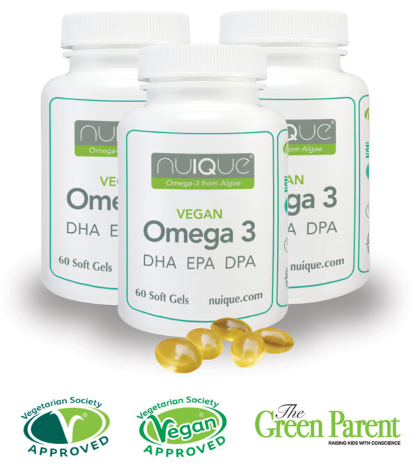 3 bottles nuIQue vega omega 3 oil supplement